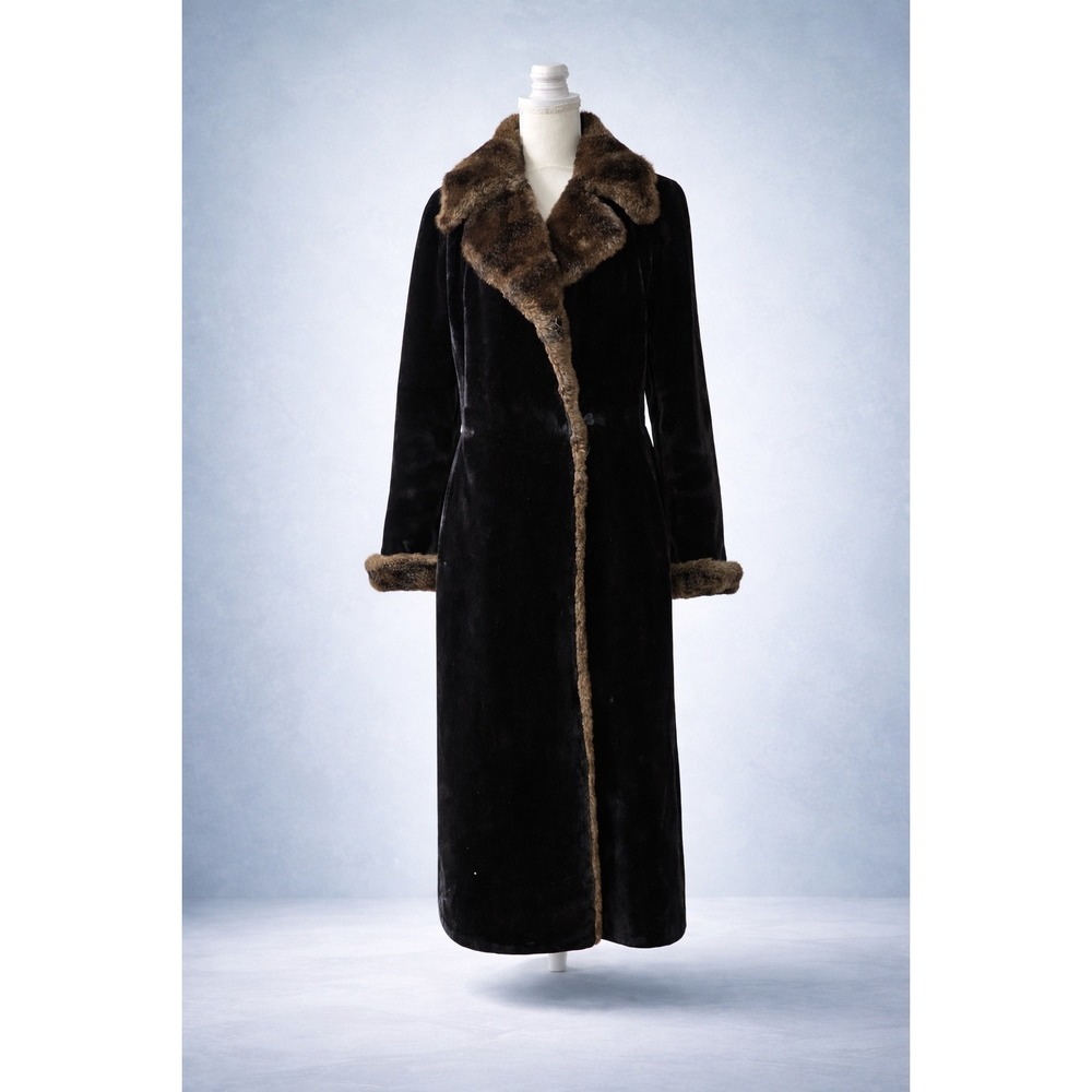 Vintage Borgazia Fairmoor Faux Fur Trim Long Coat‎ Black Brown Glam Maxi M